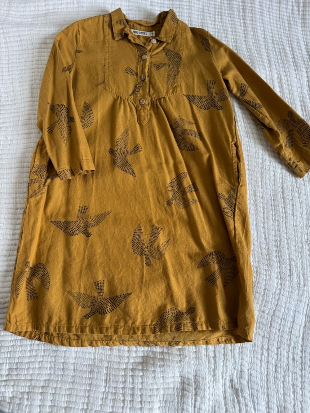 Bobo Choses Mustard Yellow Bird Print Casual Dress